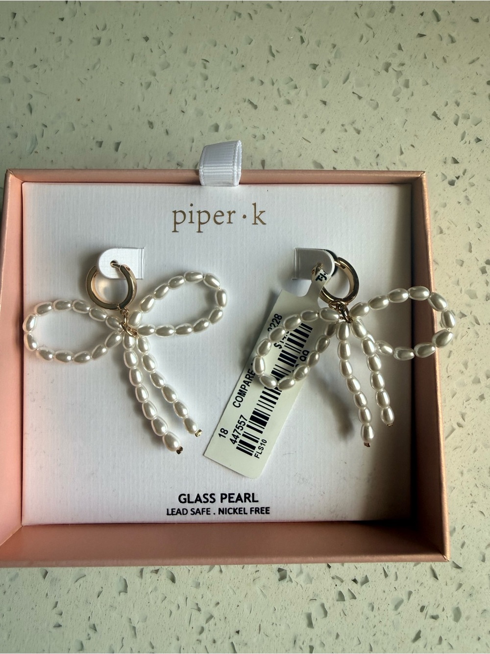 piper·k White Glass Pearl Bow Earrings